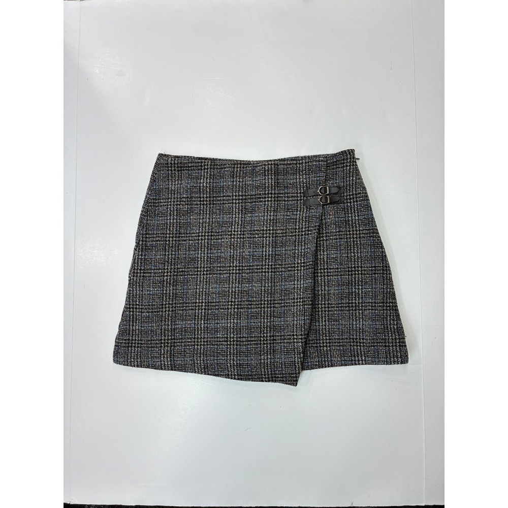 Womens Grey Blue Plaid Buckle Detail‎ Wrap Front Mini Skort Size M Dark Academia